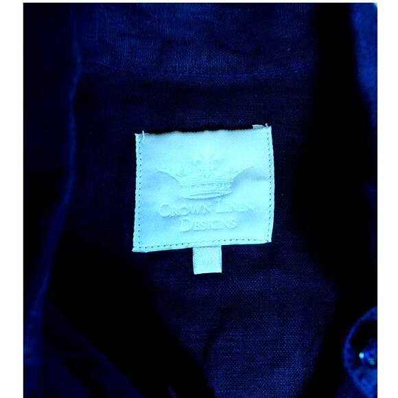 Crown Linen Designs 100% Linen Navy Men's Dress Button Up Shirt Long Sleeve Sz M - Picture 8 of 10